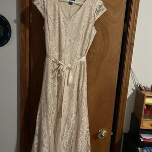 Candie's Cream Lace V-Neck Maxi Dress with Satin Tie